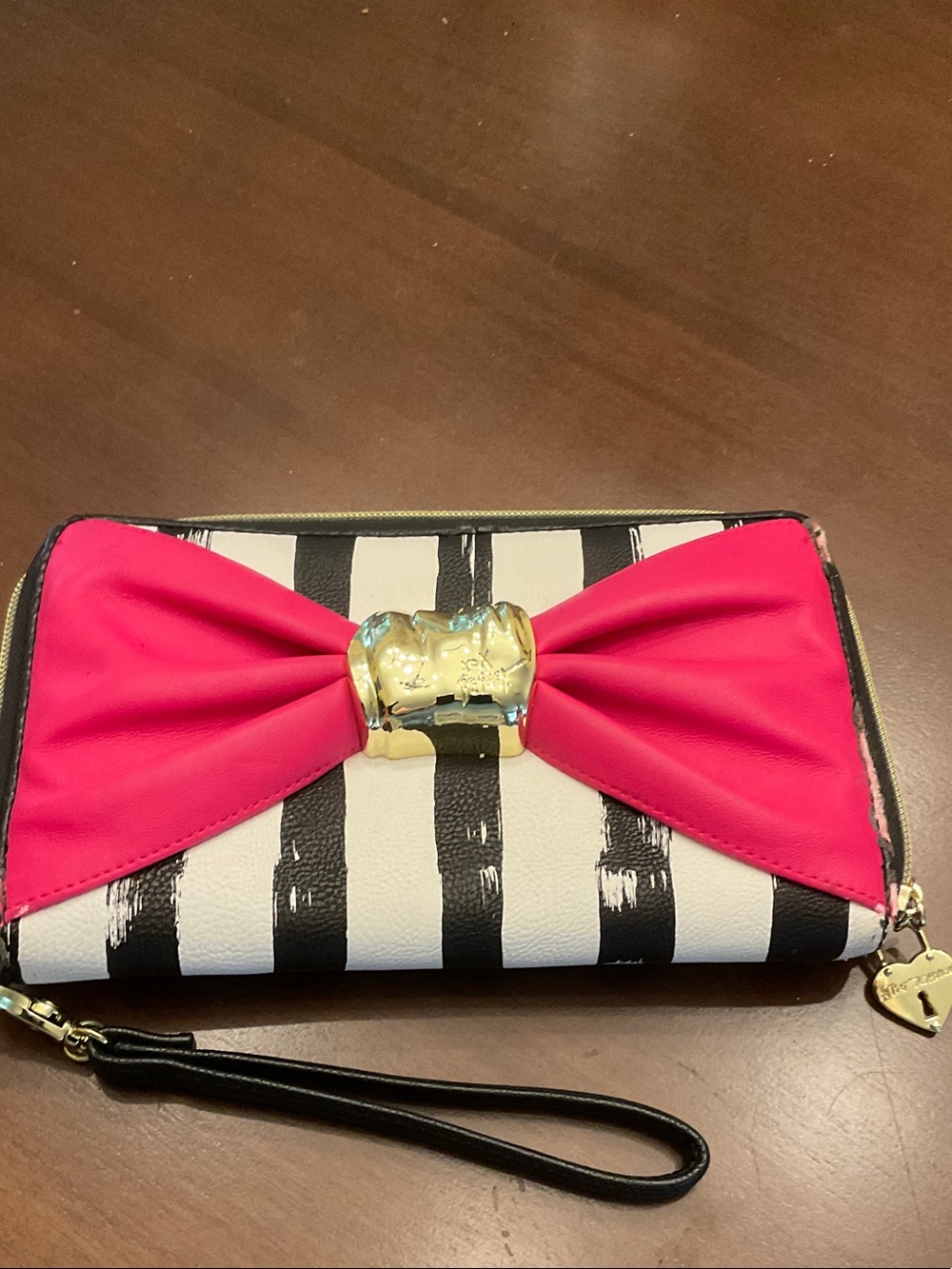 Betsey Johnson Black & White Striped Wristlet with Hot Pink Bow